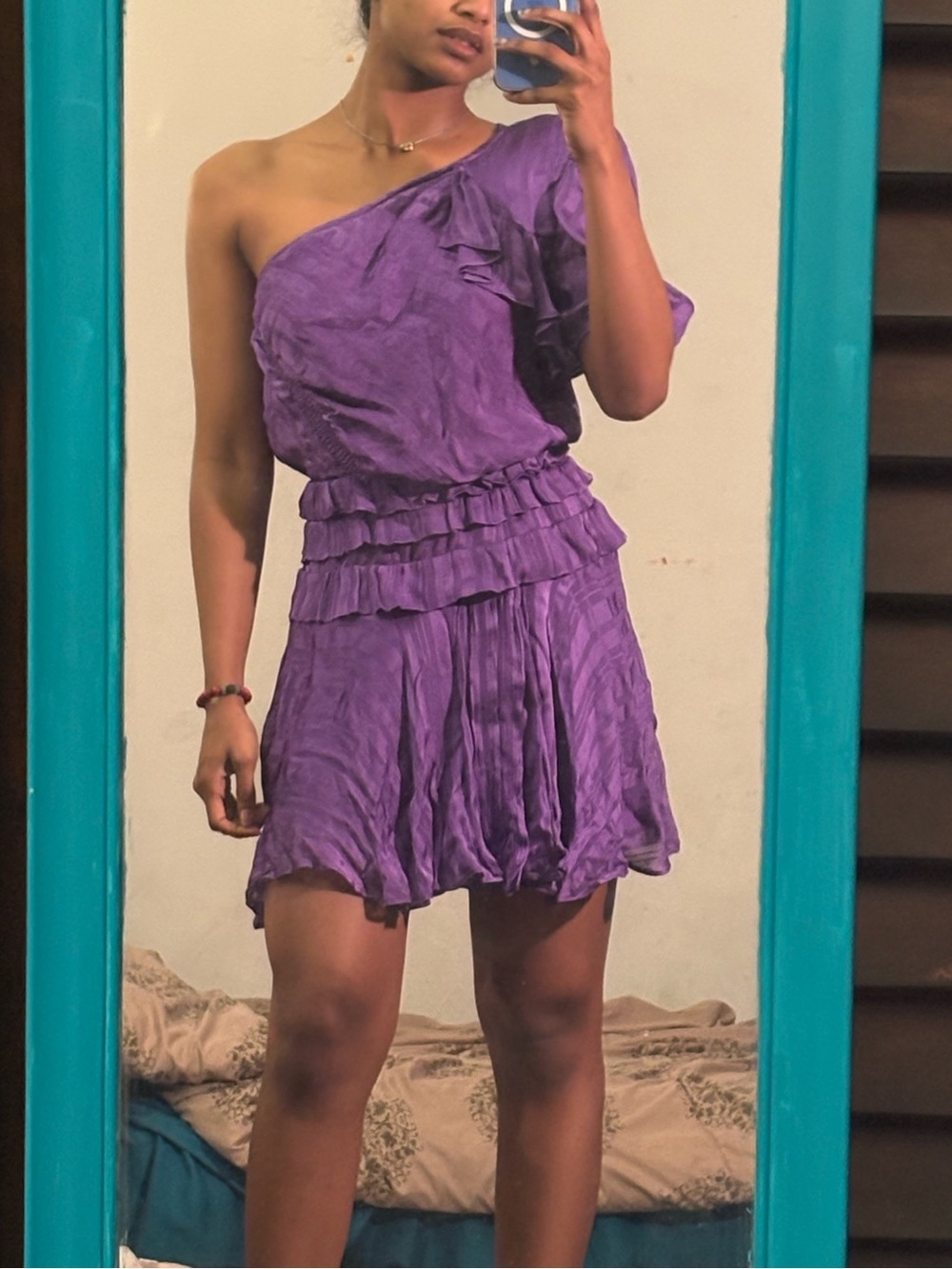 IRO Purple One-Shoulder Ruffle Mini Dress